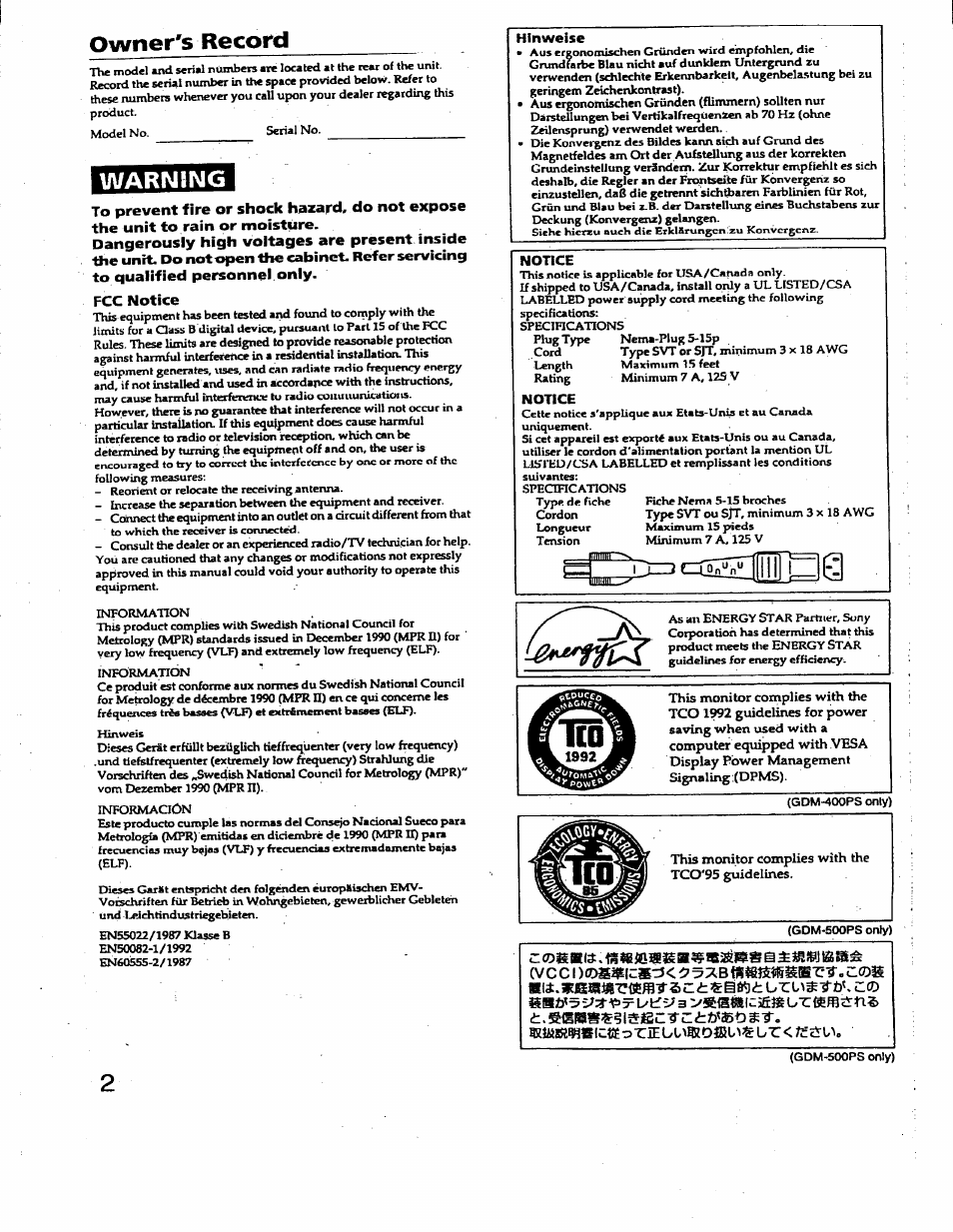 Owner's record, Warnsng, Fcc notice | Hinweise, Notice | Sony GDM-400PS User Manual | Page 2 / 22