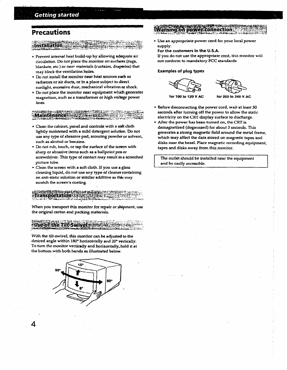 Precautions, For the customers in the u.s.a, Examples of plug types | Sony GDM-400PS User Manual | Page 4 / 22