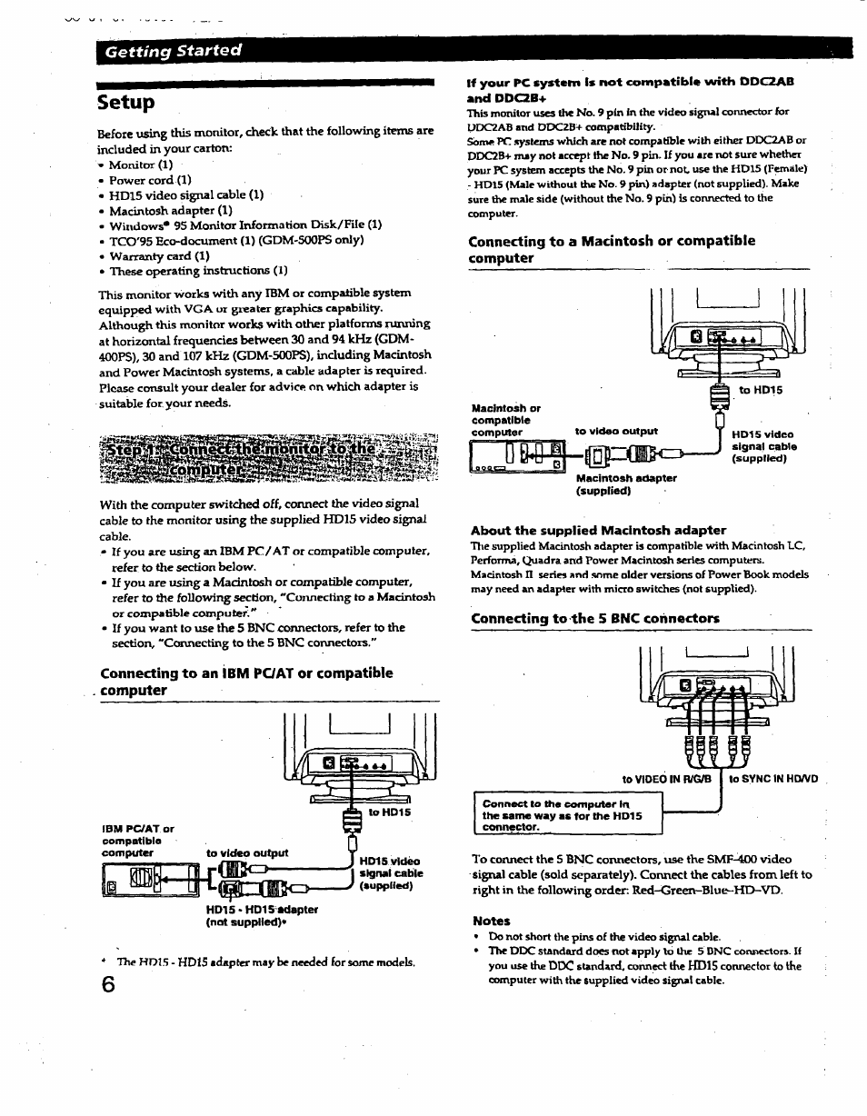Setup, Connecting to an ibm poat or compatible computer, Connecting to a macintosh or compatible computer | About the supplied macintosh adapter, Connecting to the 5 bnc connectors, Notes | Sony GDM-400PS User Manual | Page 6 / 22