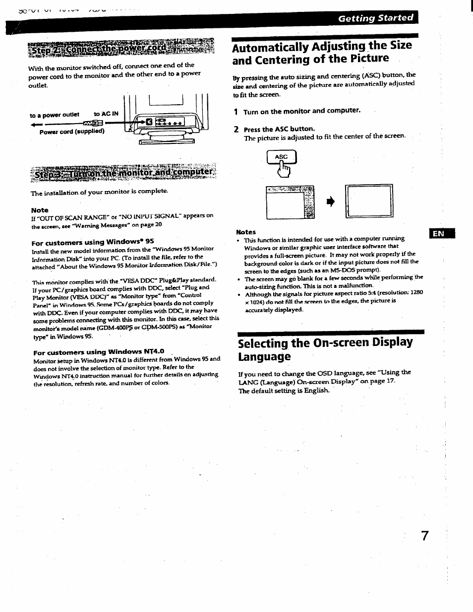 Note, For customers using windows* 95, For customers using windows nt4.0 | 1 turn on the monitor and computer, 2 press the asc button, Notes, Selecting the on-screen display language, Getting started | Sony GDM-400PS User Manual | Page 7 / 22