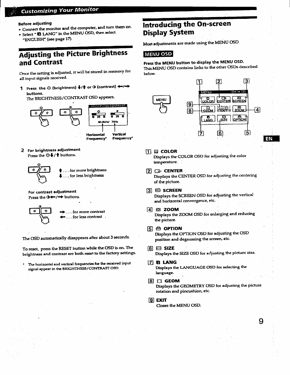 Before adjusting, Adjusting the picture brightness and contrast, Introducing the on-screen display system | Menu osd, Press the menu button to display the menu osd, H e option, 7] q lang, M exit | Sony GDM-400PS User Manual | Page 9 / 22