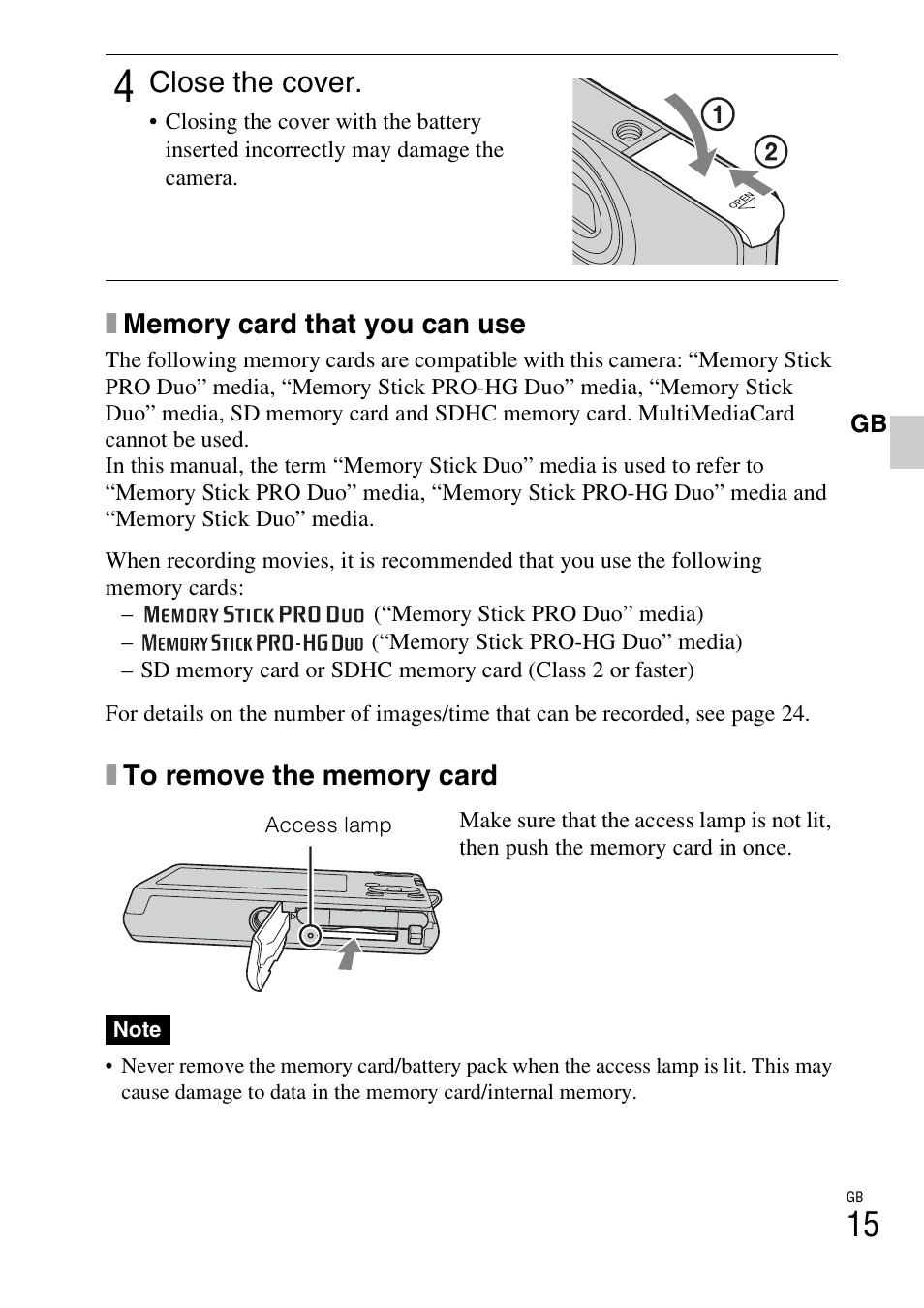 Close the cover | Sony DSC-W310 User Manual | Page 15 / 56