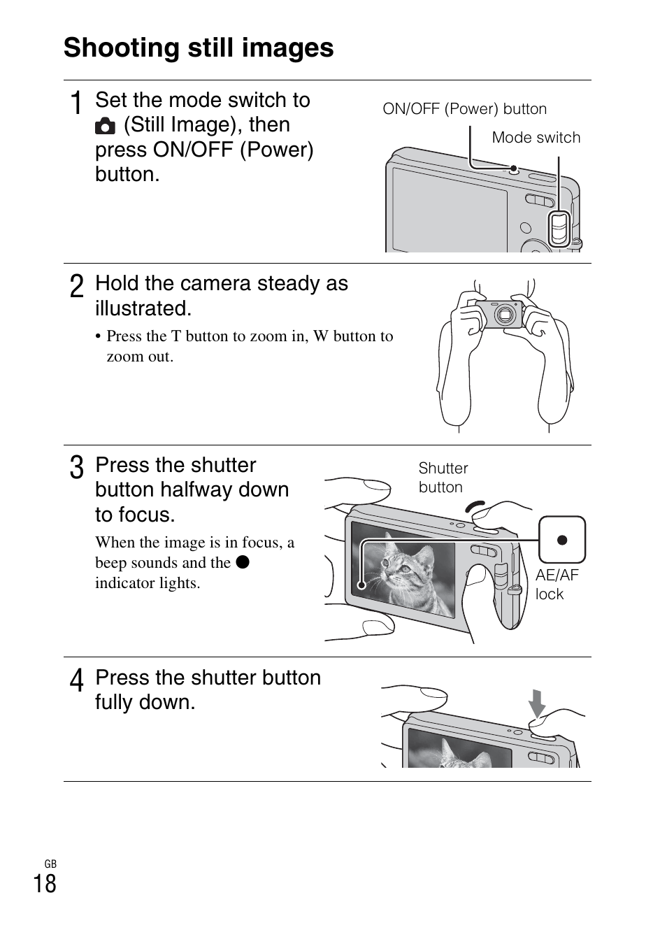 Shooting still images | Sony DSC-W310 User Manual | Page 18 / 56