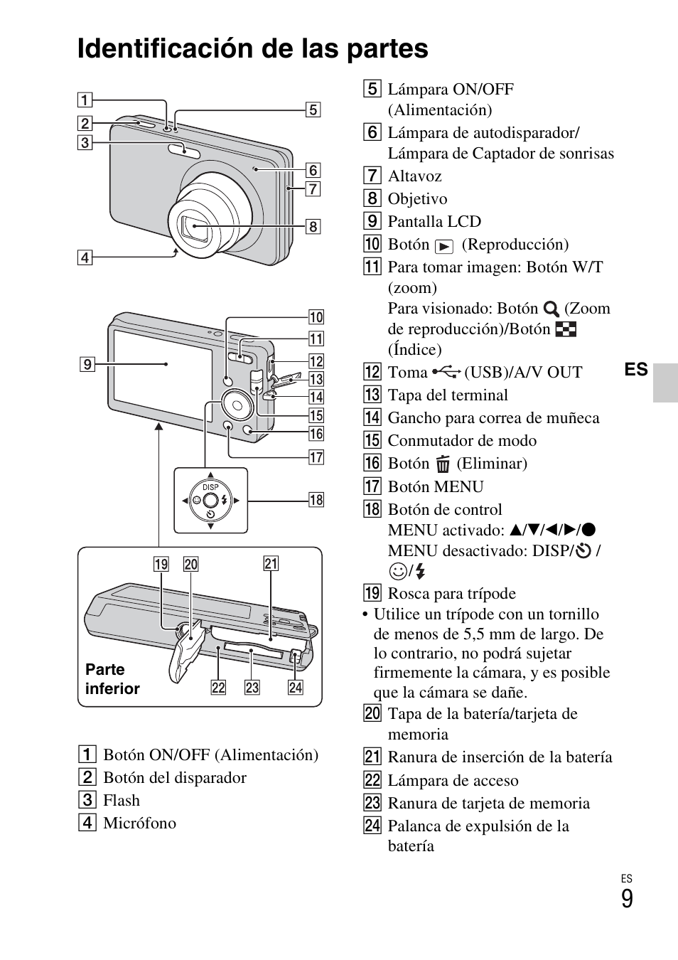 Identificación de las partes | Sony DSC-W310 User Manual | Page 37 / 56