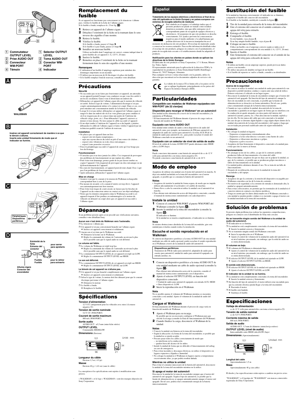 Sustitución del fusible, Precauciones, Solución de problemas | Especificaciones, Particularidades, Modo de empleo, Ad c b, Remplacement du fusible, Précautions, Dépannage | Sony DCC-NWC1 User Manual | Page 2 / 2