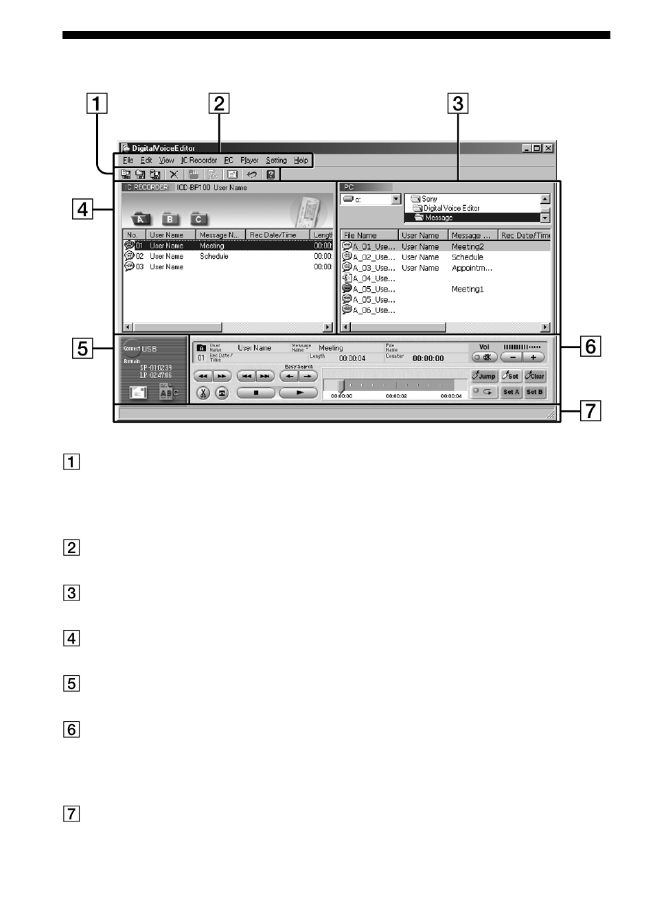 Names and functions of the main window | Sony ICD-BP120 User Manual | Page 50 / 68