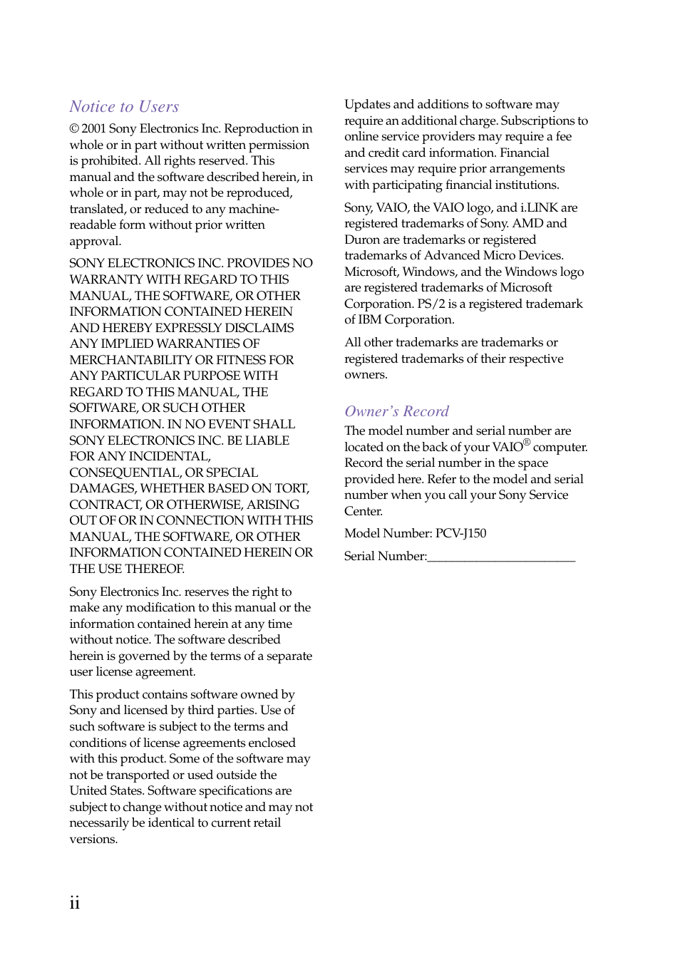 Front matter 1 - notice to users, Indextitle - owner’s record, Notice to users | Owner’s record | Sony PCV-J150 User Manual | Page 2 / 104