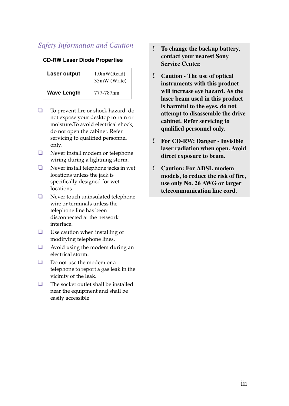 Front matter 1 - safety information and caution, Iii safety information and caution | Sony PCV-J150 User Manual | Page 3 / 104