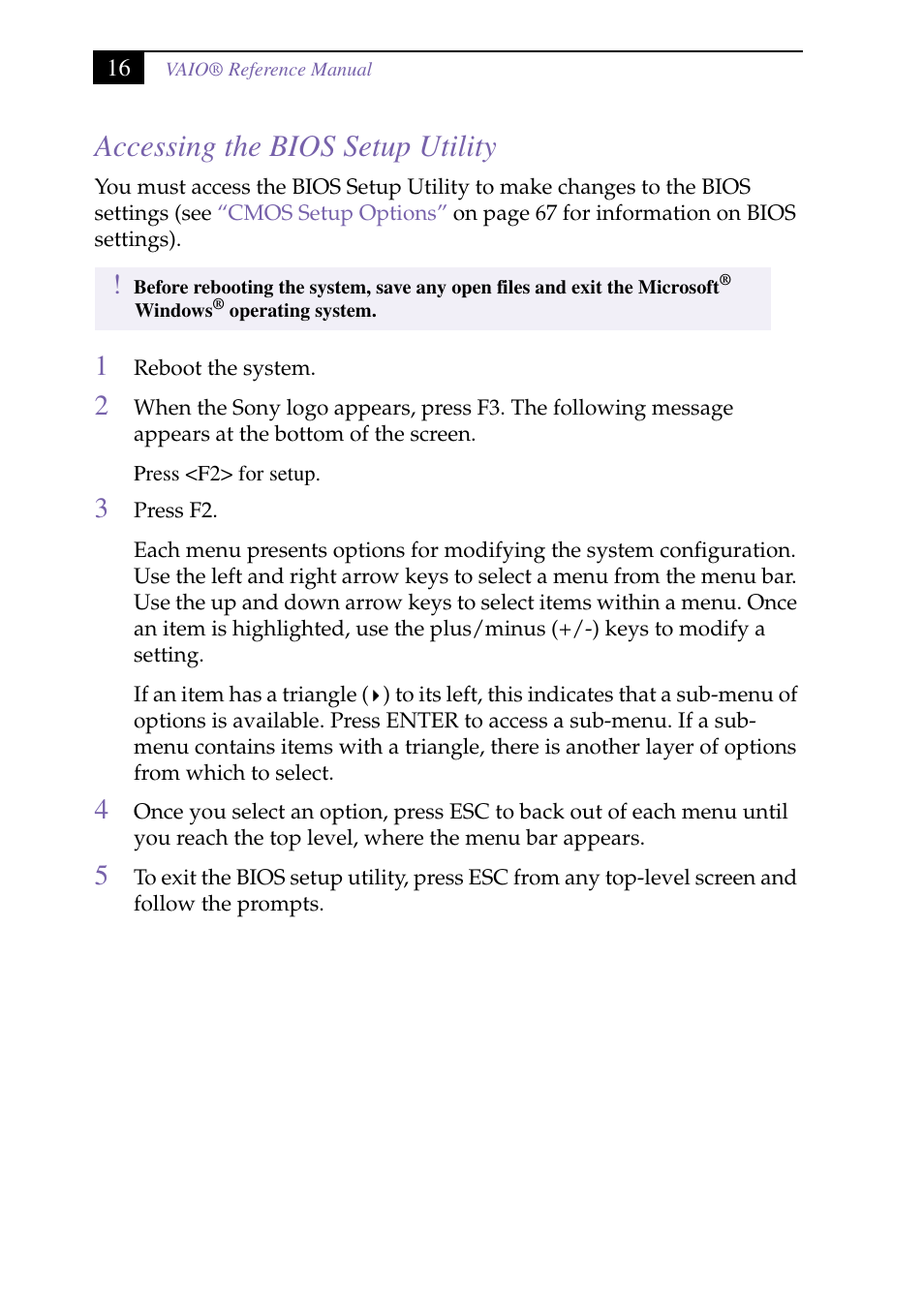 Heading2 - accessing the bios setup utility, Accessing the bios setup utility | Sony PCV-J150 User Manual | Page 30 / 104