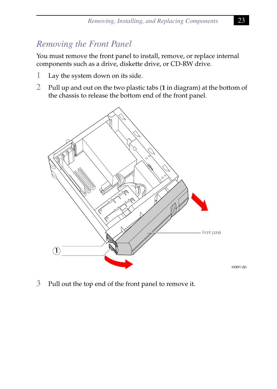 Heading2 - removing the front panel, Removing the front panel | Sony PCV-J150 User Manual | Page 37 / 104