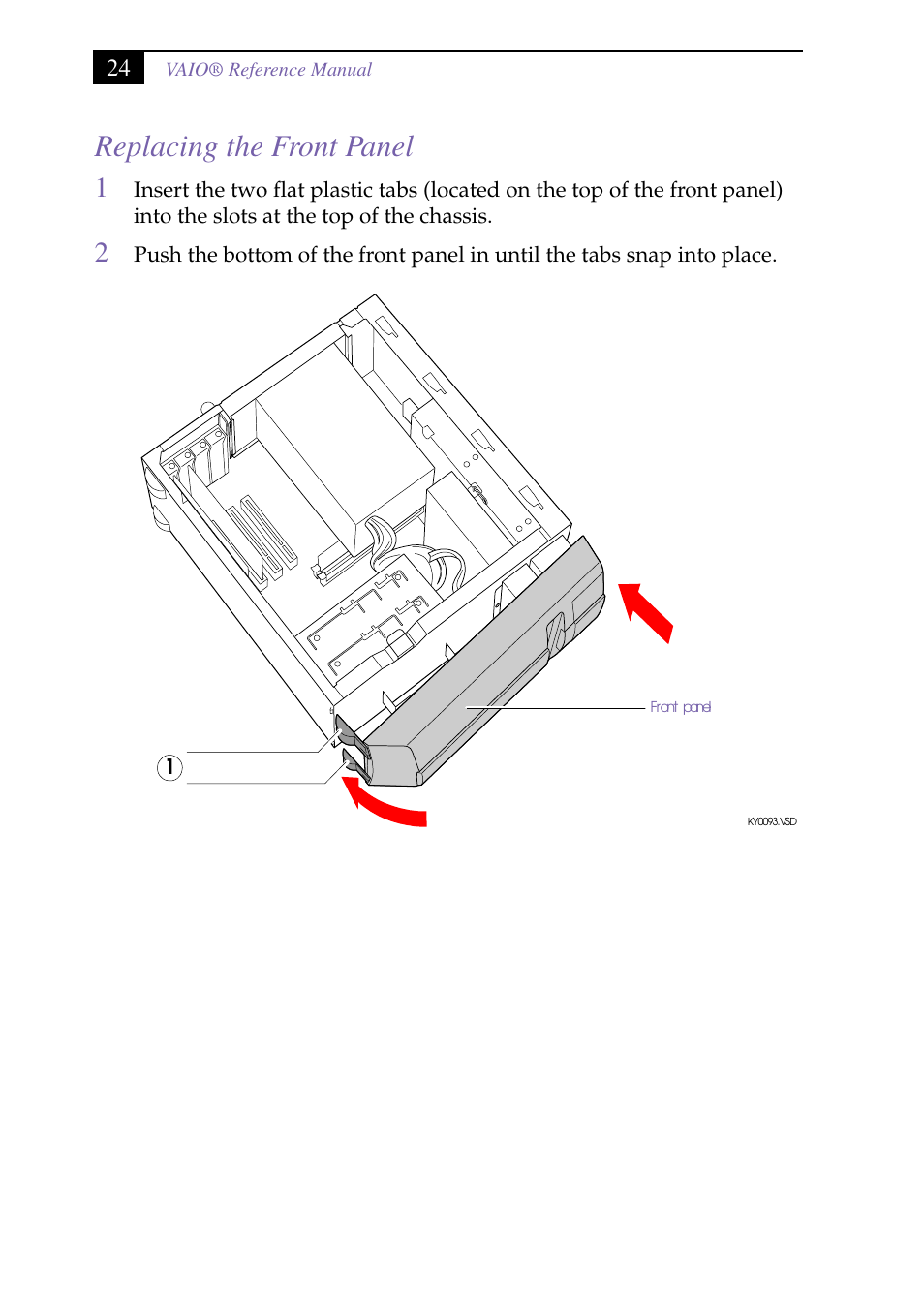 Heading2 - replacing the front panel, Replacing the front panel | Sony PCV-J150 User Manual | Page 38 / 104