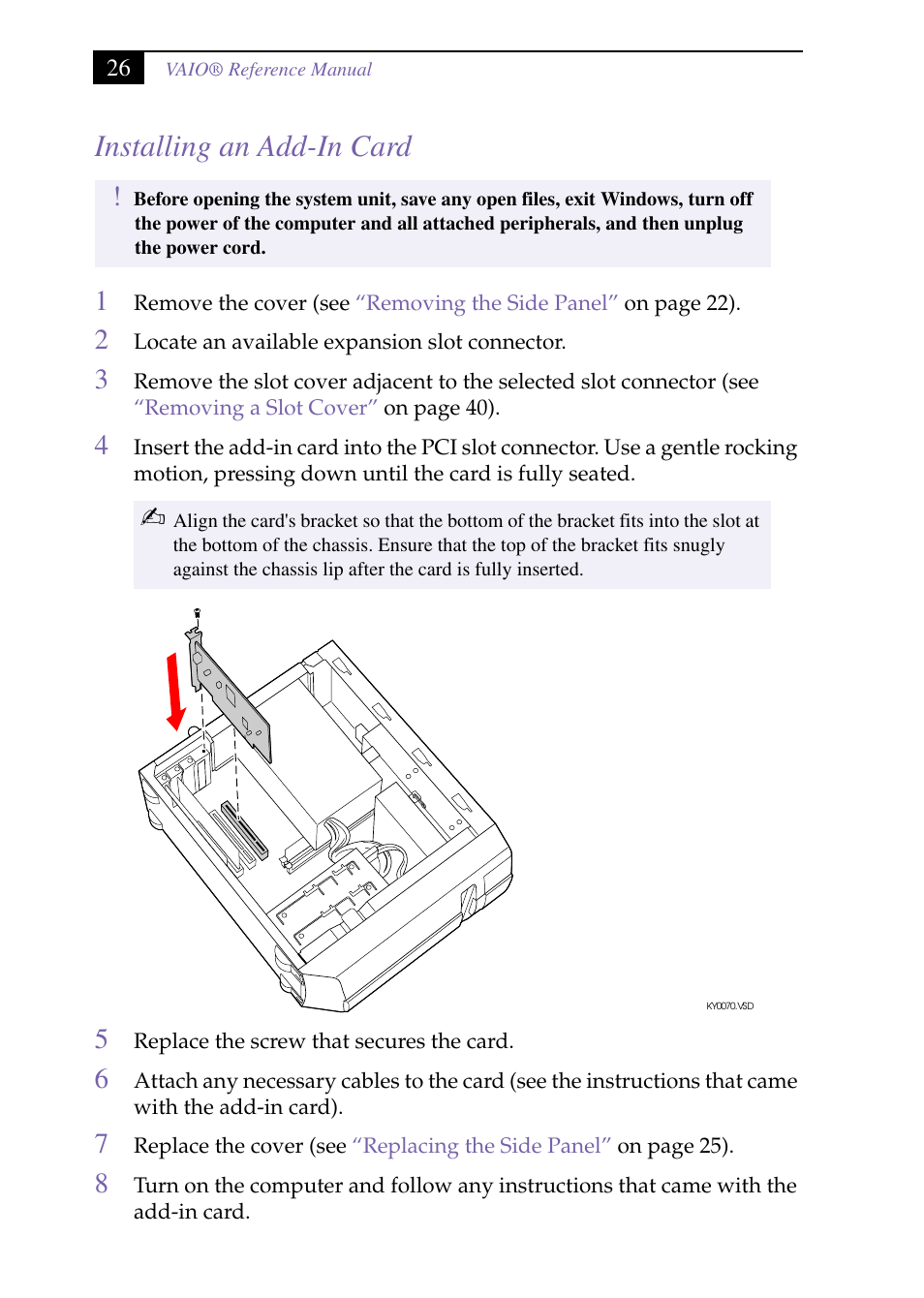 Heading2 - installing an add-in card, Installing an add-in card | Sony PCV-J150 User Manual | Page 40 / 104