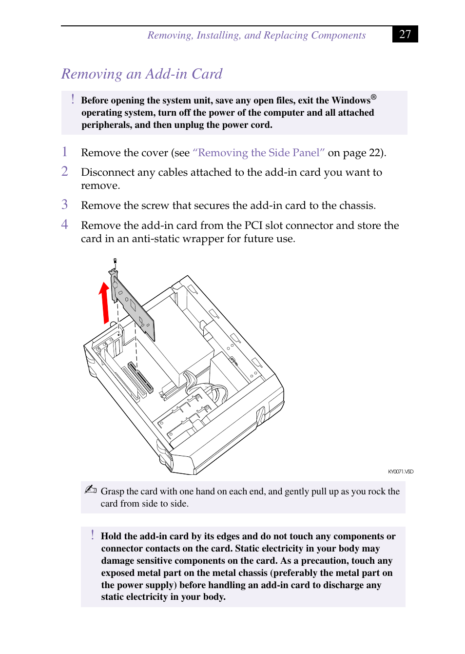 Heading2 - removing an add-in card, Removing an add-in card | Sony PCV-J150 User Manual | Page 41 / 104