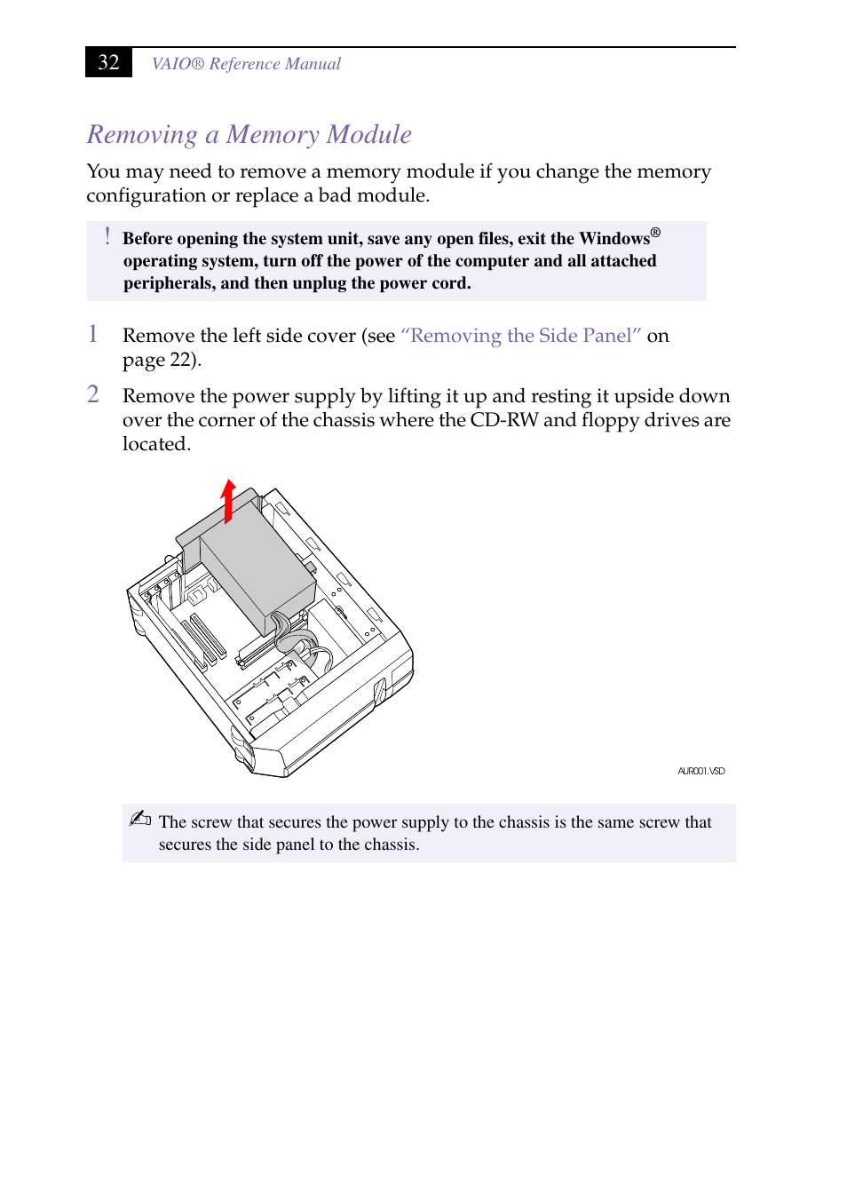 Heading2 - removing a memory module, Removing a memory module | Sony PCV-J150 User Manual | Page 46 / 104