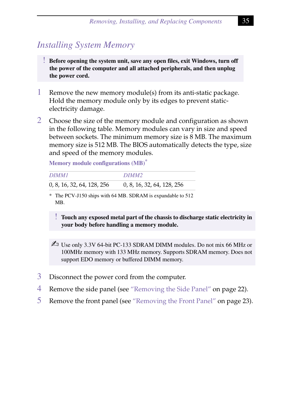 Heading2 - installing system memory, Installing system memory | Sony PCV-J150 User Manual | Page 49 / 104