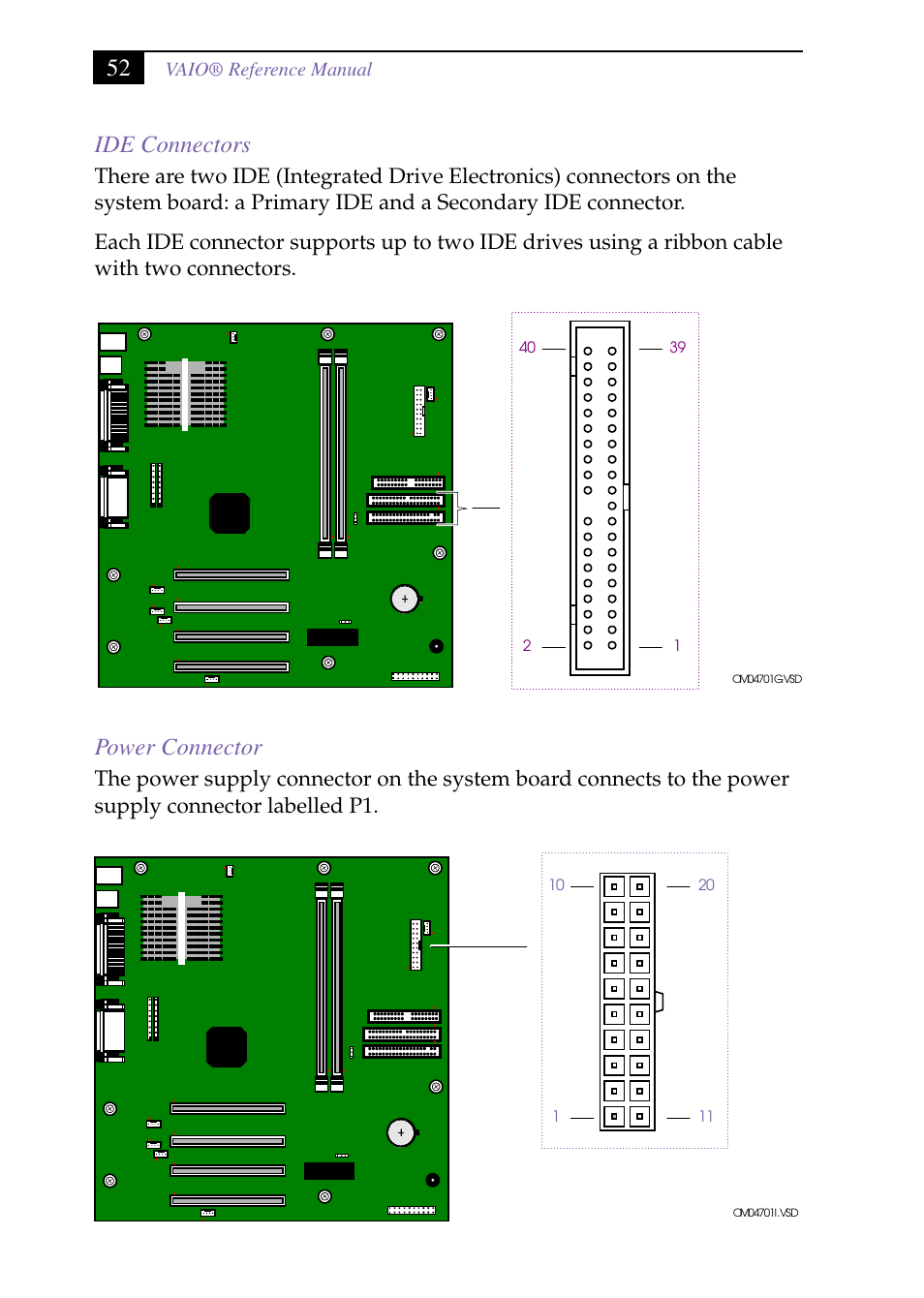 Heading3 - ide connectors, Heading3 - power connector, Ide connectors power connector | 52 ide connectors, Power connector | Sony PCV-J150 User Manual | Page 64 / 104