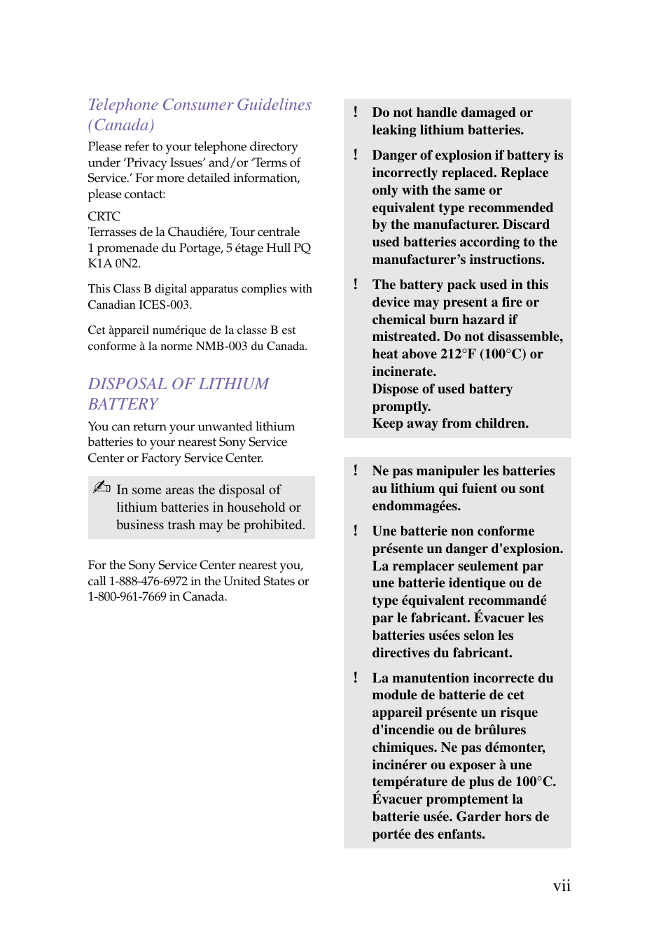 Front matter 1 - disposal of lithium battery | Sony PCV-J150 User Manual | Page 7 / 104