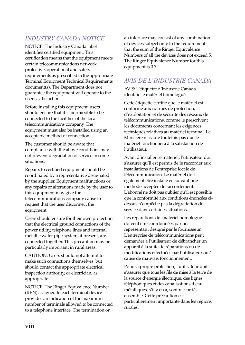 Front matter 1 - industry canada notice, Front matter 1 - avis de l’industrie canada, Viii | Industry canada notice, Avis de l’industrie canada | Sony PCV-J150 User Manual | Page 8 / 104