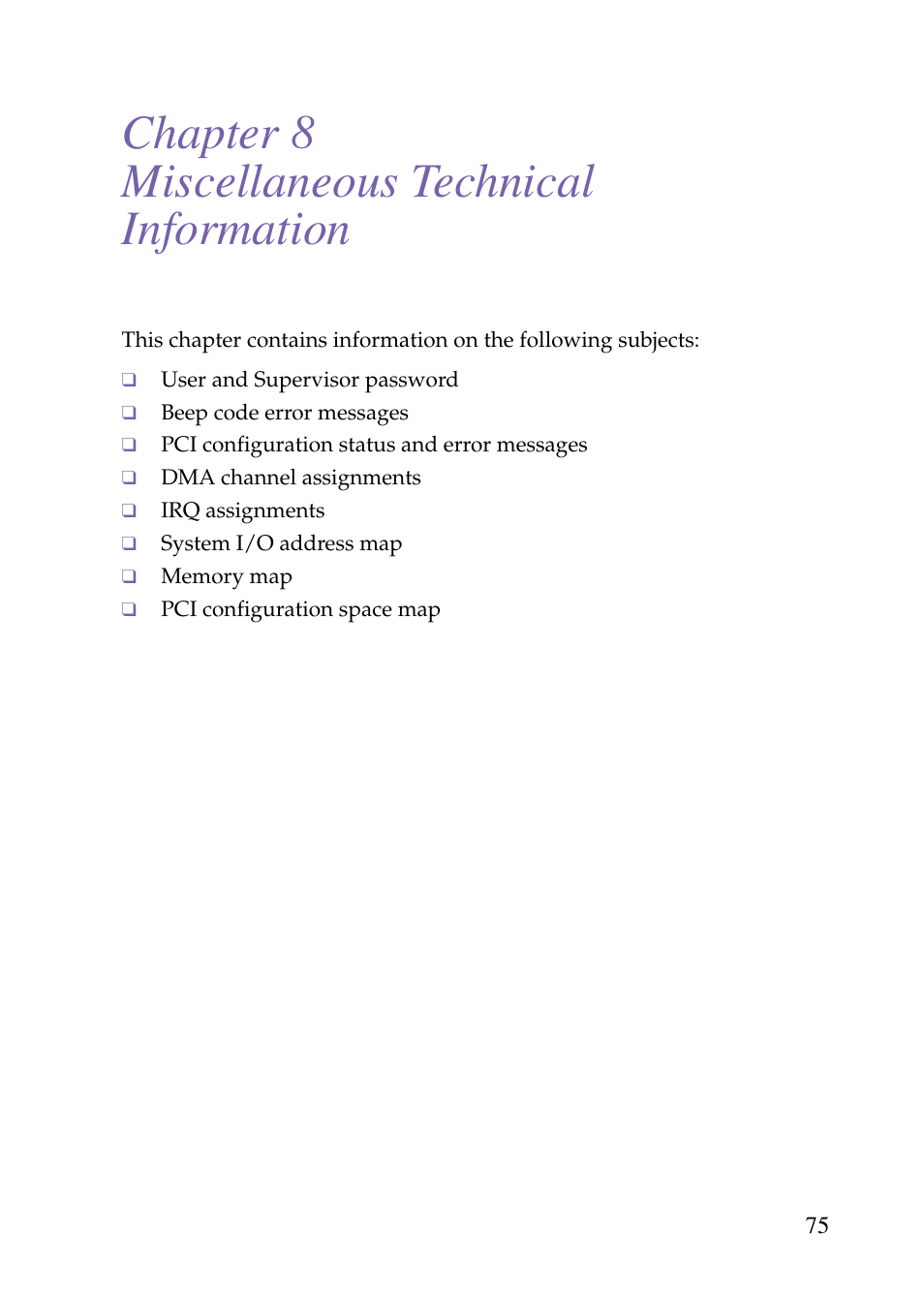 Heading1 - miscellaneous technical information, Chapter 8 — miscellaneous technical information, Chapter 8 miscellaneous technical information | Sony PCV-J150 User Manual | Page 87 / 104