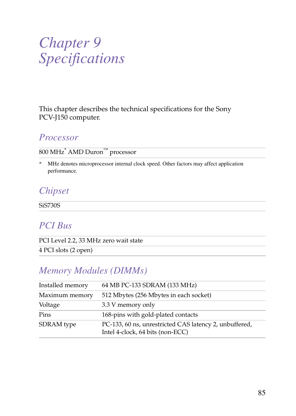 Heading1 - specifications, Heading2 - processor, Heading2 - chipset | Heading2 - pci bus, Heading2 - memory modules (dimms), Chapter 9 — specifications, Processor chipset pci bus memory modules (dimms), Chapter 9 specifications | Sony PCV-J150 User Manual | Page 97 / 104