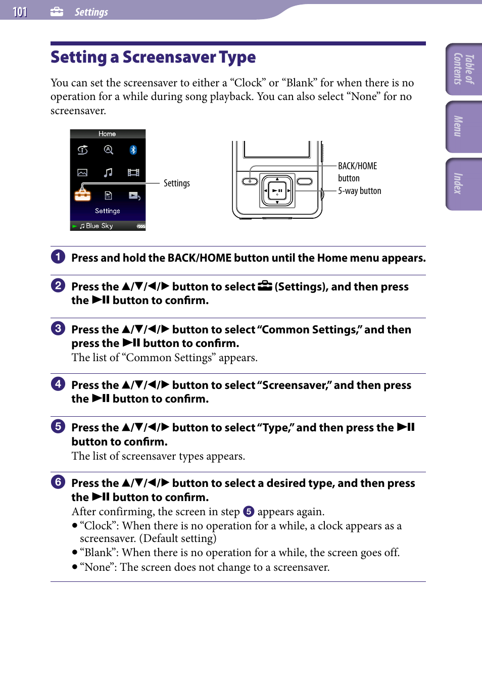 Setting a screensaver type, Screensaver | Sony NWZ-A829BLK User Manual | Page 101 / 161