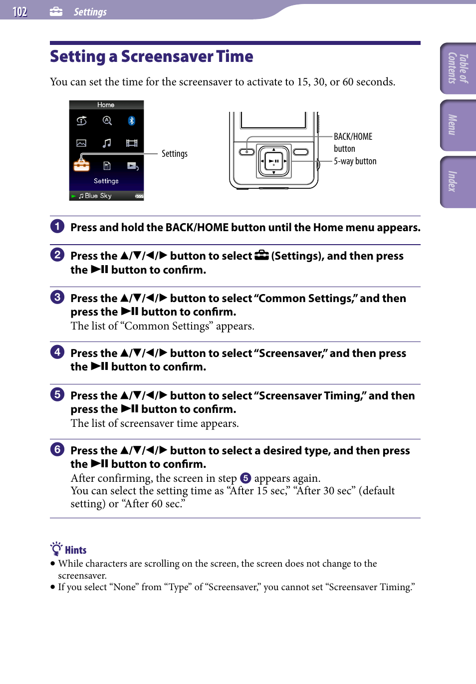 Setting a screensaver time | Sony NWZ-A829BLK User Manual | Page 102 / 161