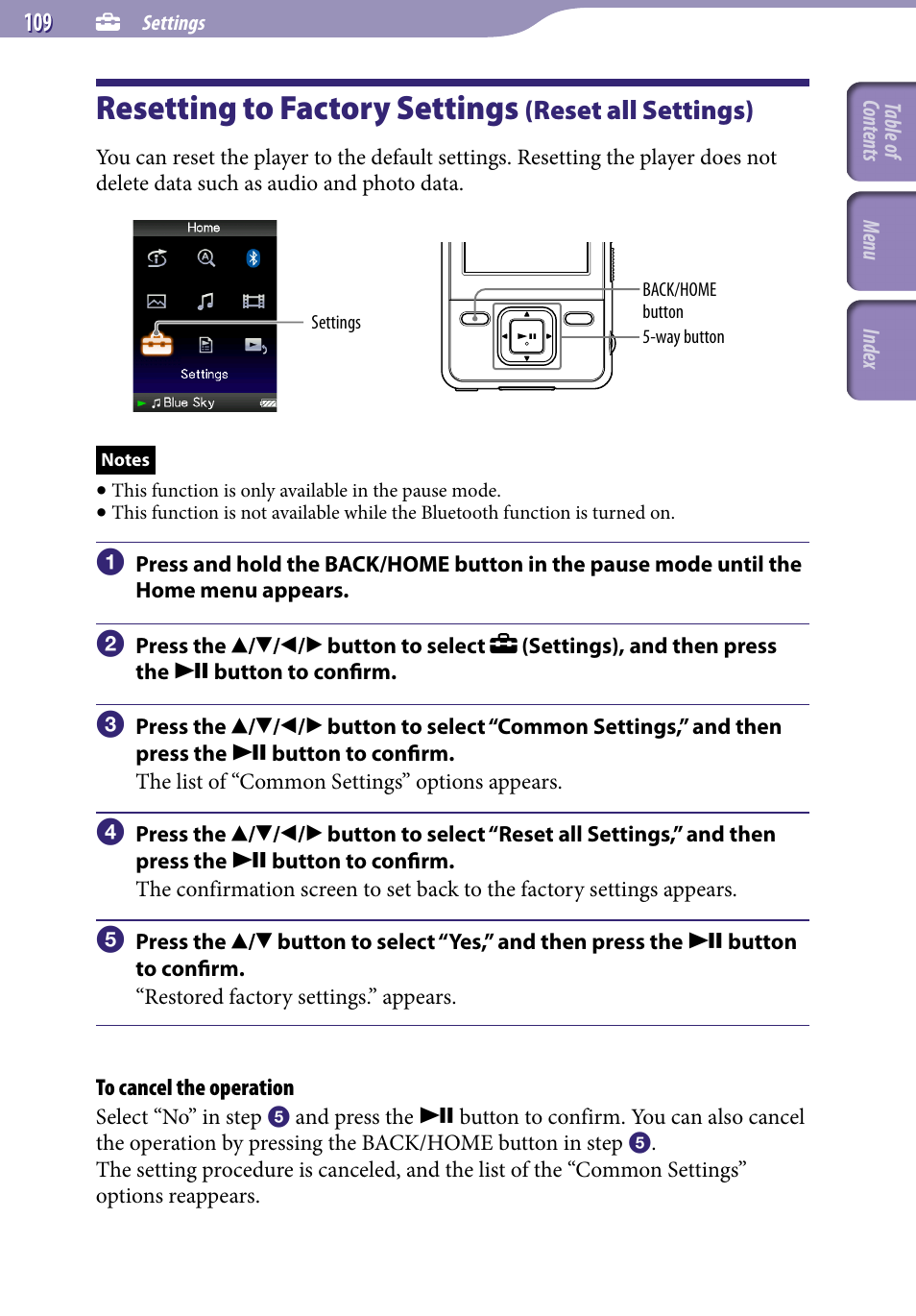 Resetting to factory settings (reset all settings), Resetting to factory settings, Reset all settings) | Reset all settings | Sony NWZ-A829BLK User Manual | Page 109 / 161