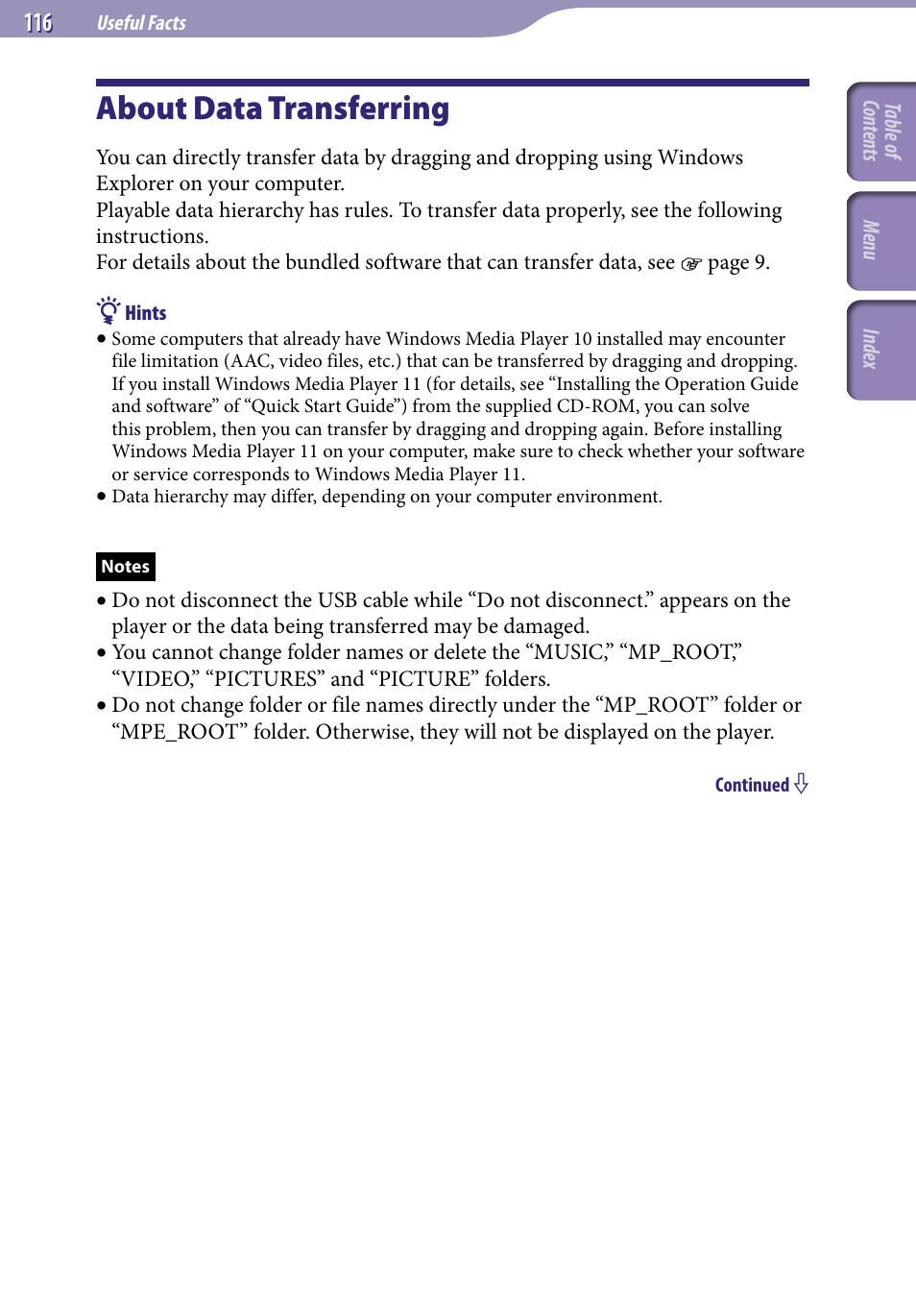 About data transferring | Sony NWZ-A829BLK User Manual | Page 116 / 161