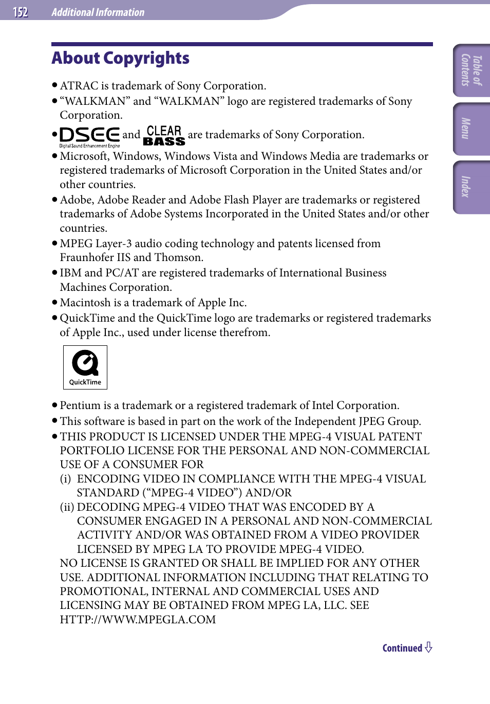 About copyrights | Sony NWZ-A829BLK User Manual | Page 152 / 161