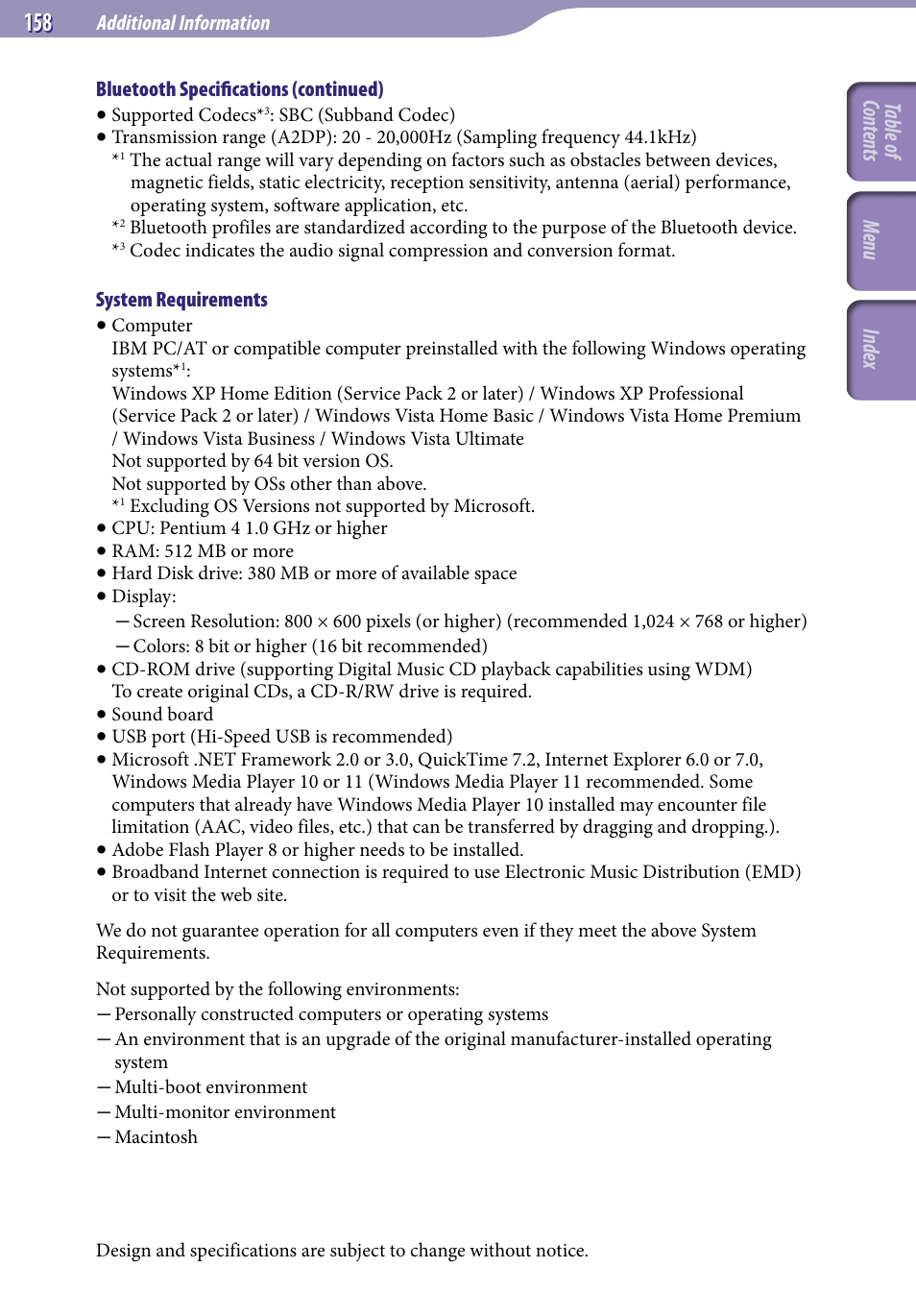 Table of cont ents menu inde x | Sony NWZ-A829BLK User Manual | Page 158 / 161