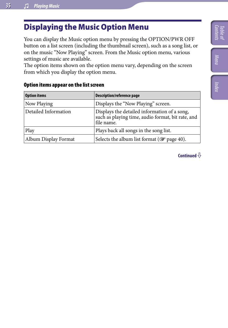 Displaying the music option menu | Sony NWZ-A829BLK User Manual | Page 35 / 161