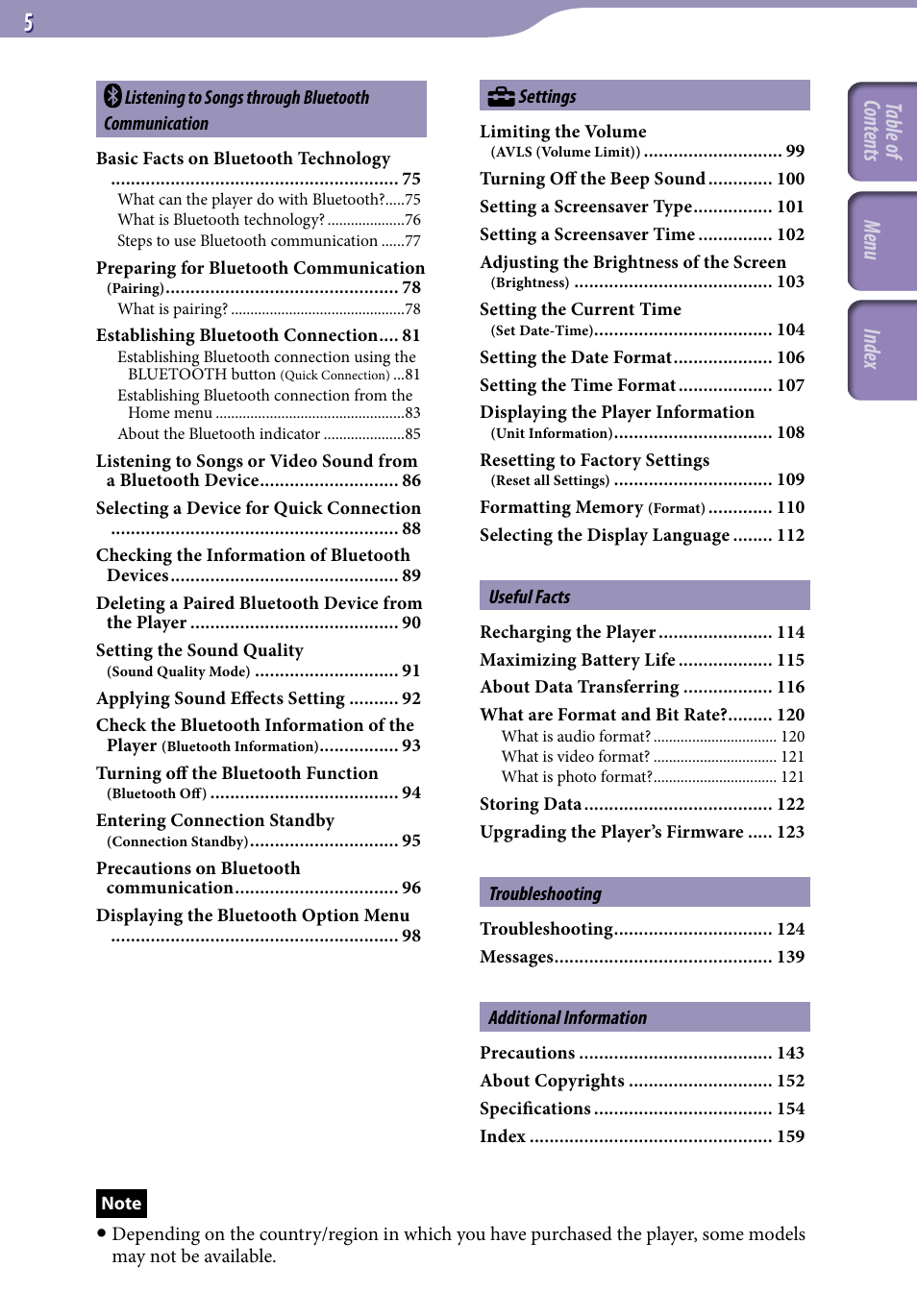 Table of cont ents menu inde x | Sony NWZ-A829BLK User Manual | Page 5 / 161