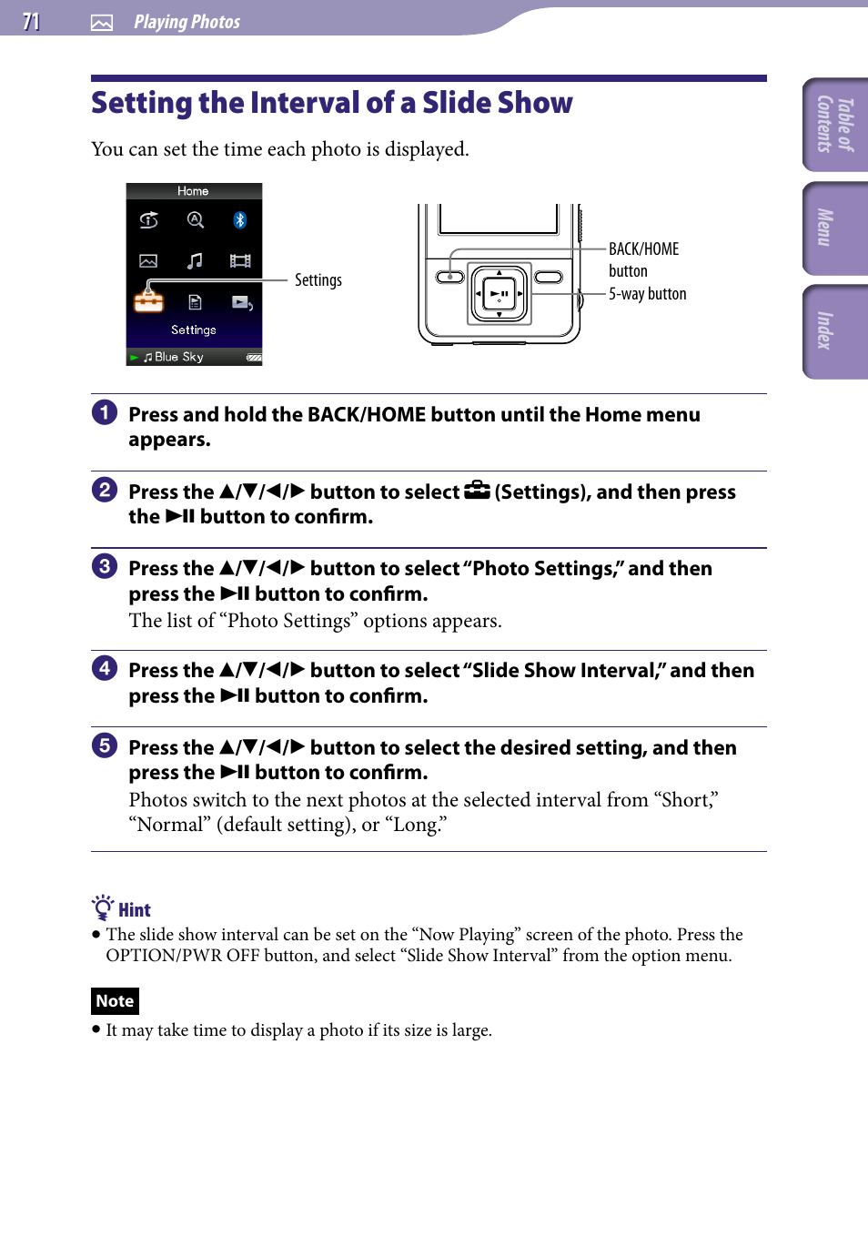 Setting the interval of a slide show, Slide show interval | Sony NWZ-A829BLK User Manual | Page 71 / 161