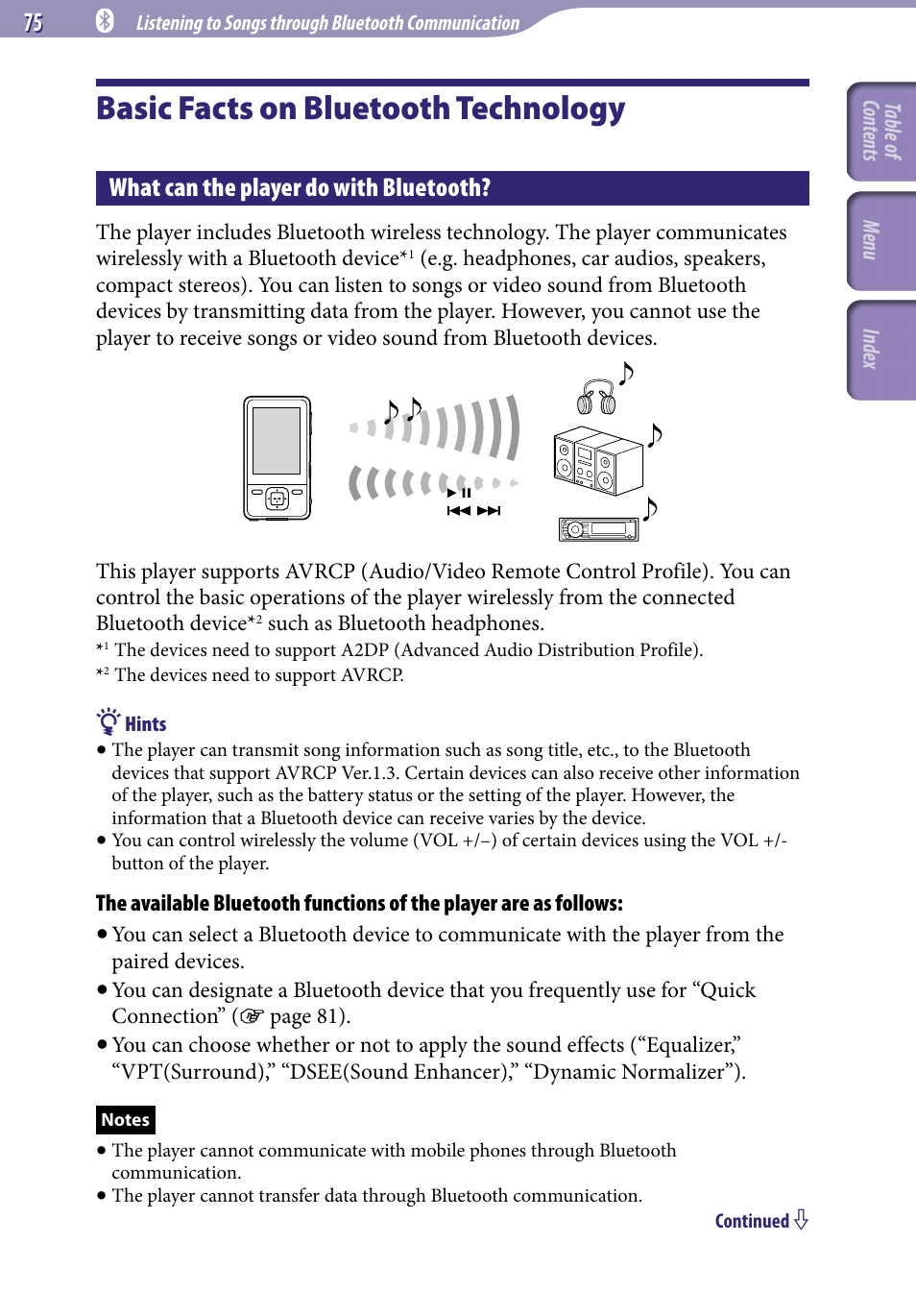 Listening to songs through bluetooth communication, Basic facts on bluetooth technology, What can the player do with bluetooth | Listening to songs through bluetooth, Communication | Sony NWZ-A829BLK User Manual | Page 75 / 161