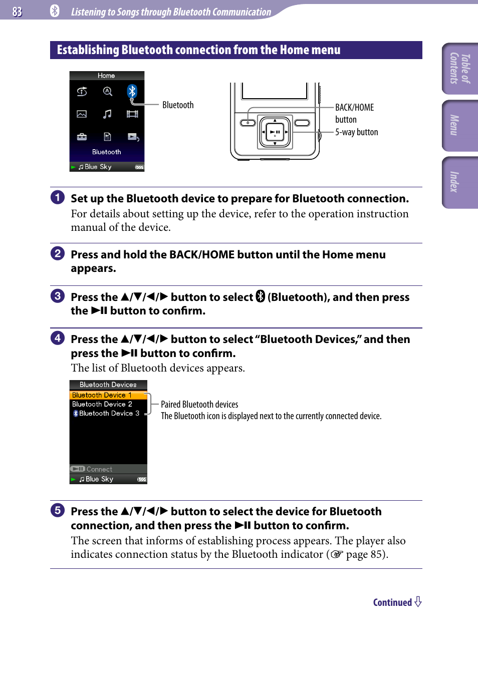 Establishing bluetooth connection from the, Home menu, Bluetooth devices | Sony NWZ-A829BLK User Manual | Page 83 / 161