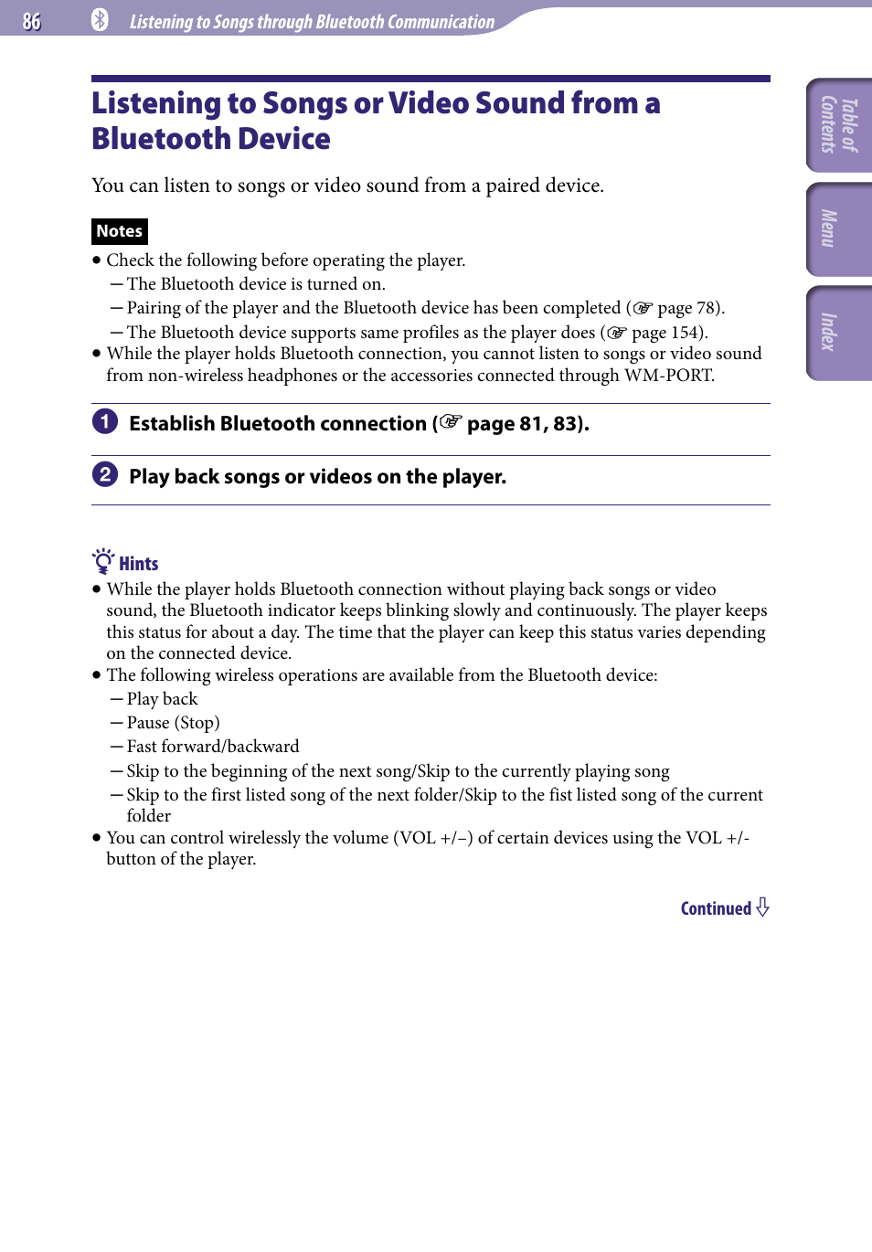 Listening to songs or video sound from, A bluetooth device | Sony NWZ-A829BLK User Manual | Page 86 / 161