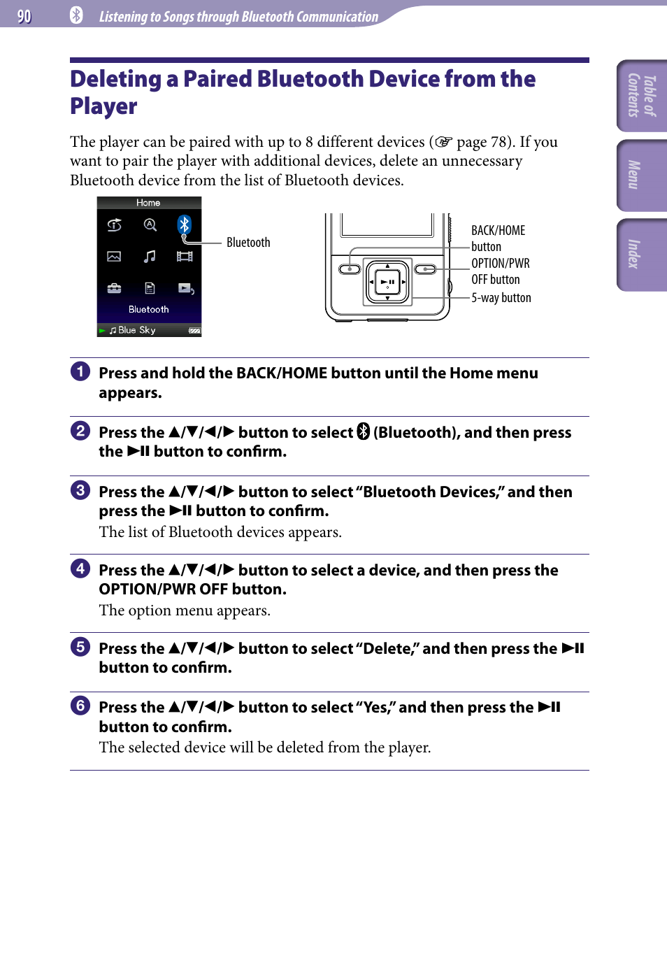 Deleting a paired bluetooth device from the player, Deleting a paired bluetooth device from, The player | Sony NWZ-A829BLK User Manual | Page 90 / 161