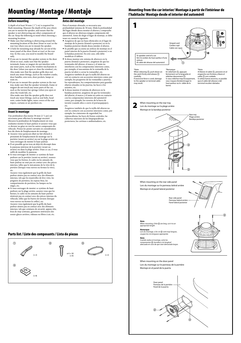 Mounting / montage / montaje, Before mounting, Avant le montage | Antes del montaje | Sony XS-R5743 User Manual | Page 2 / 2