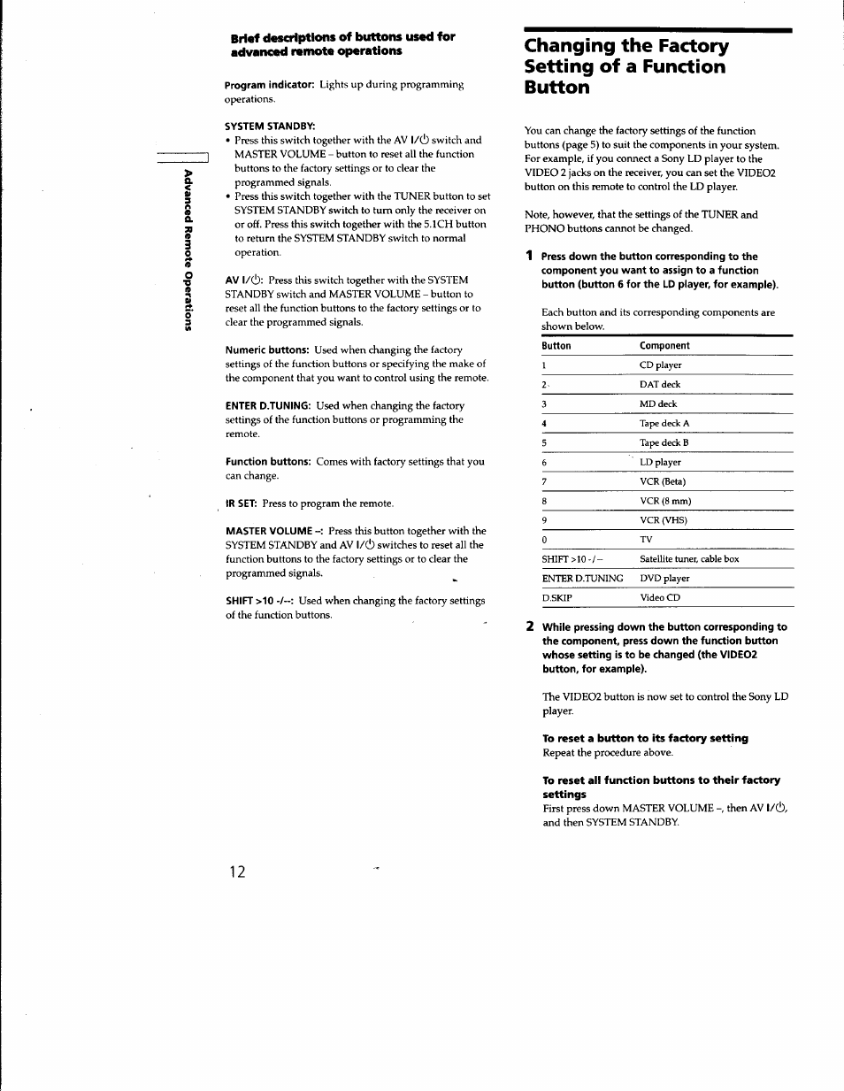 Changing the factory setting of a function button, System standby | Sony RM-PP402 User Manual | Page 12 / 17
