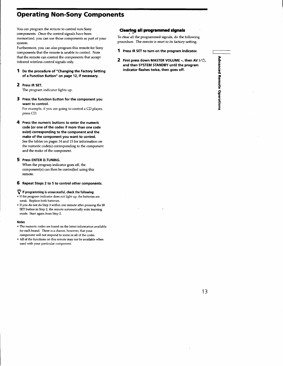 Operating non-sony components, 2 press ir set, 1 press ir set to turn on the program indicator | 5 press enter d.tuning, 6 repeat steps 2 to 5 to control other components, Notes | Sony RM-PP402 User Manual | Page 13 / 17