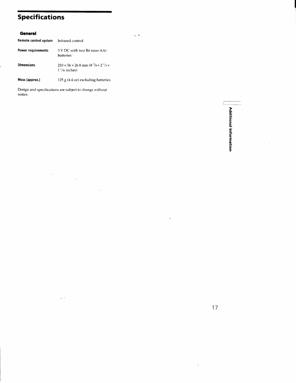 Specifications | Sony RM-PP402 User Manual | Page 17 / 17