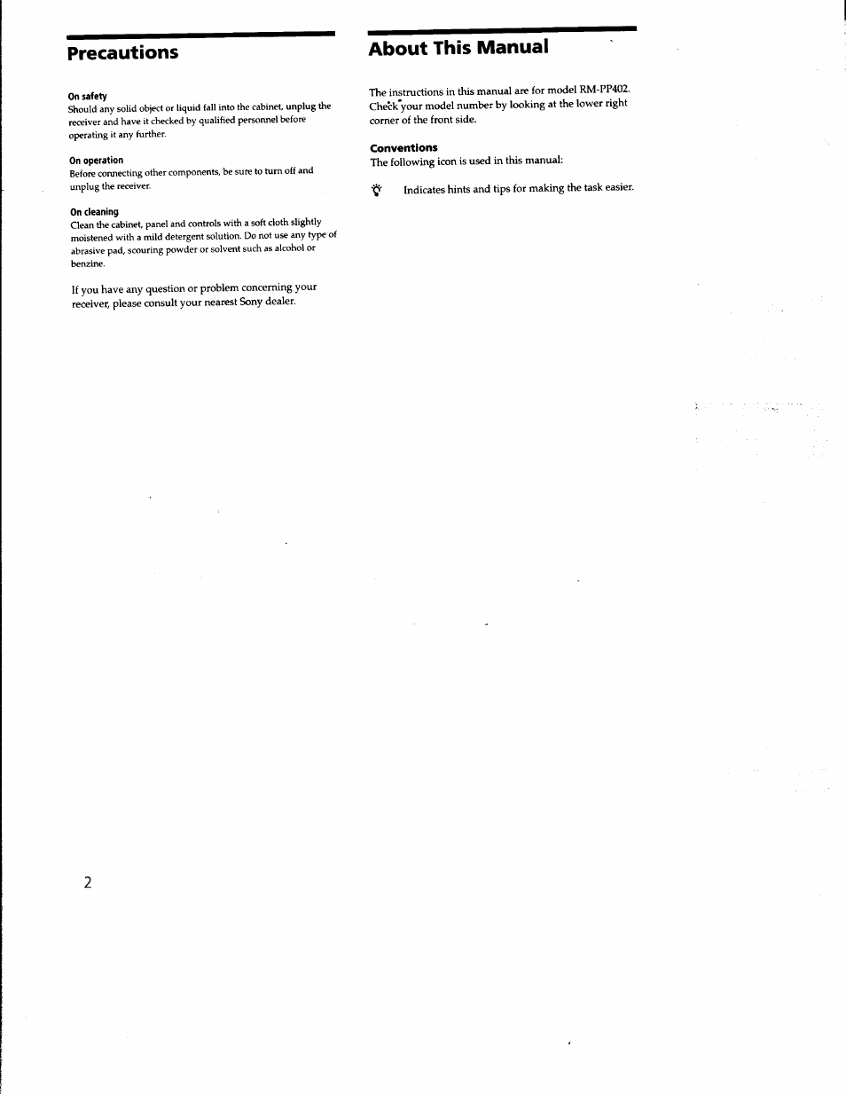 About this manuai, On safety, On operation | On cleaning, Precautions about this manuai | Sony RM-PP402 User Manual | Page 2 / 17