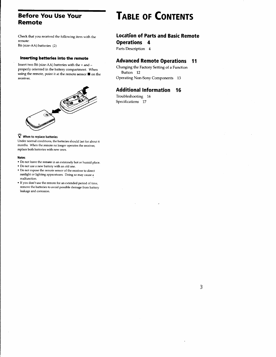 Before you use your remote, Inserting batteries into the remote, 9 when to replace batteries | Notes, Able, Ontents | Sony RM-PP402 User Manual | Page 3 / 17