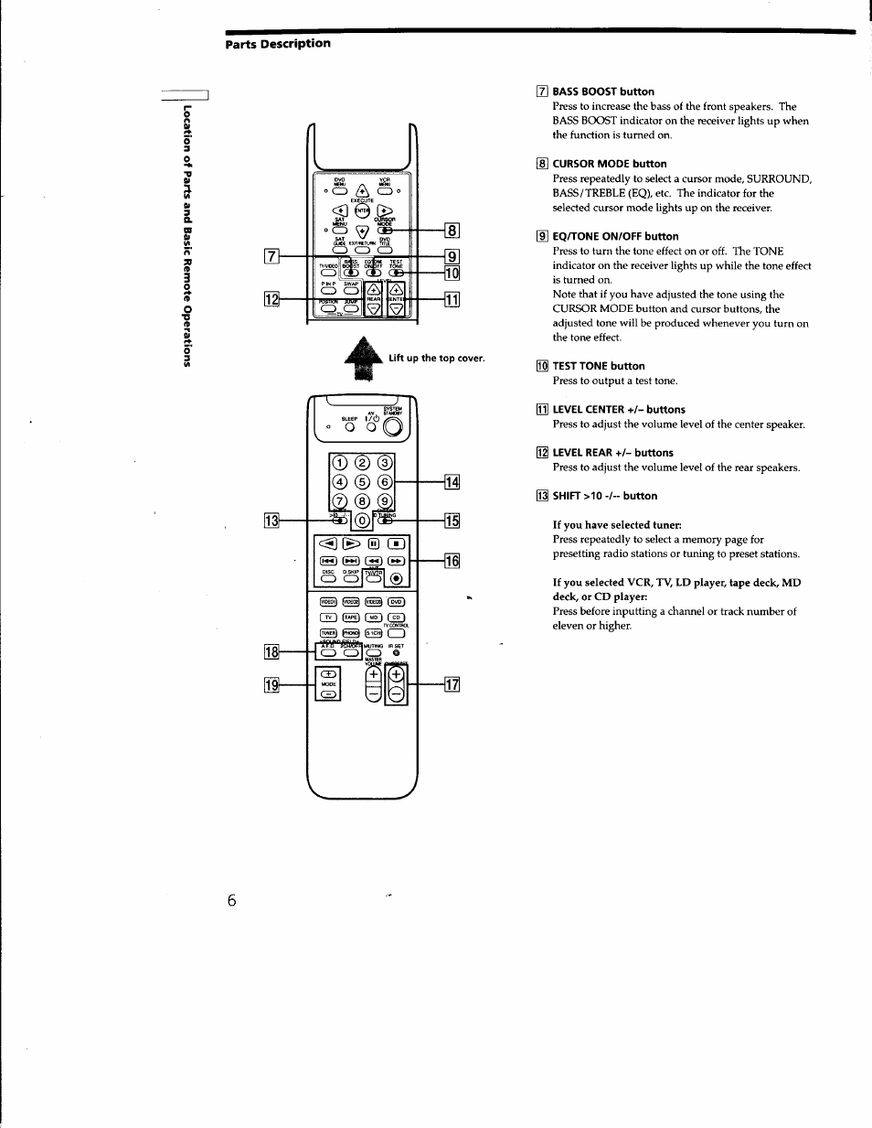 3 bass boost button, 8] cursor mode button, 9] eq/tone on/off button | H test tone button, 0 level center +/- buttons, 01 level rear +/- buttons, 01 shift >10-/- button | Sony RM-PP402 User Manual | Page 6 / 17