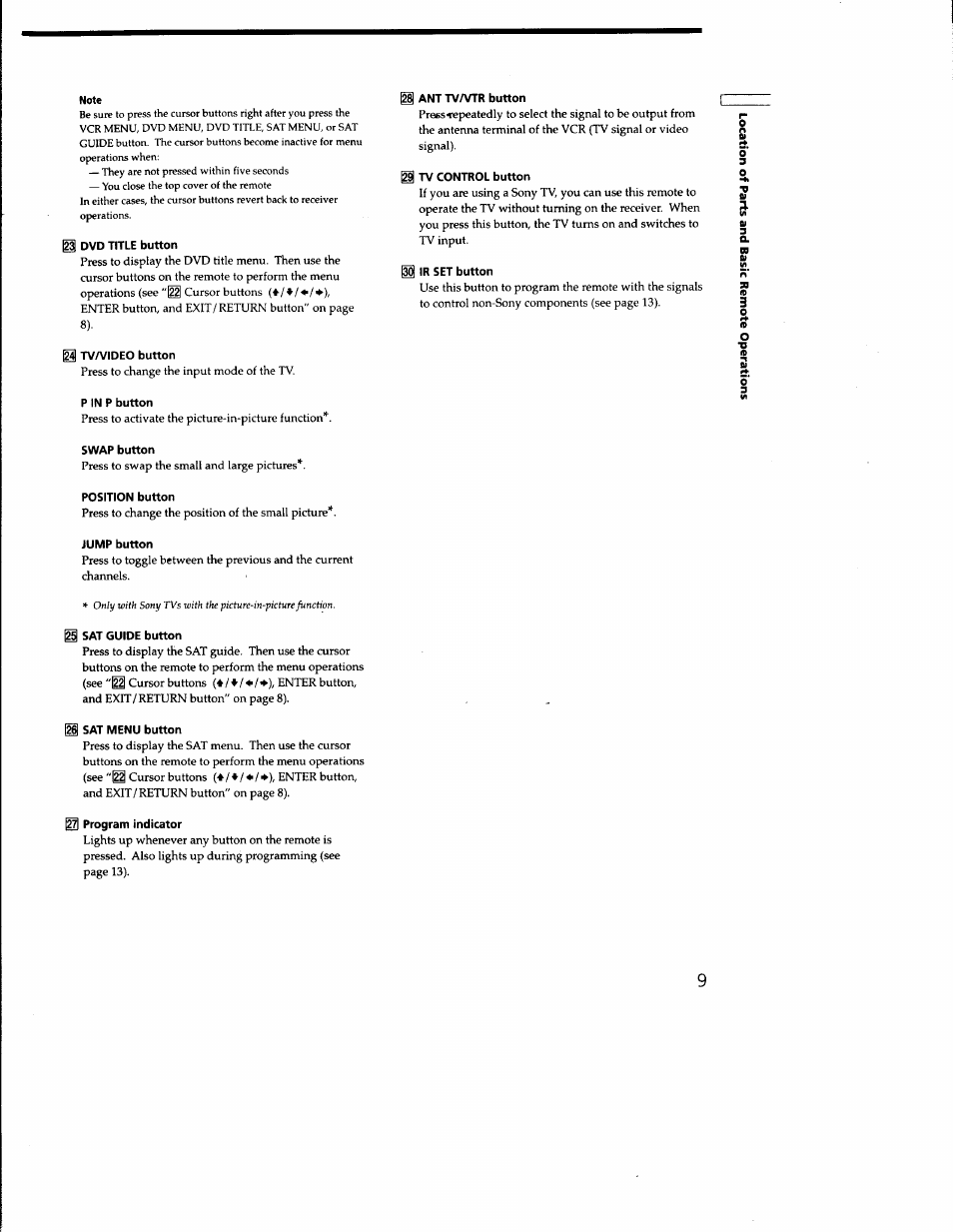 Note, I dvd title button, Tva/ideo button | P in p button, I ant tvattr button, I tv control button, I ir set button, Swap button, Position button, I sat guide button | Sony RM-PP402 User Manual | Page 9 / 17