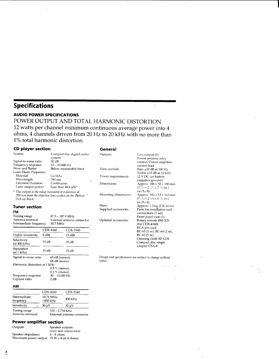 Specifications, Audio power specifications, Cd player section | Tuner section, Power amplifier section | Sony CDX-4160 User Manual | Page 12 / 14