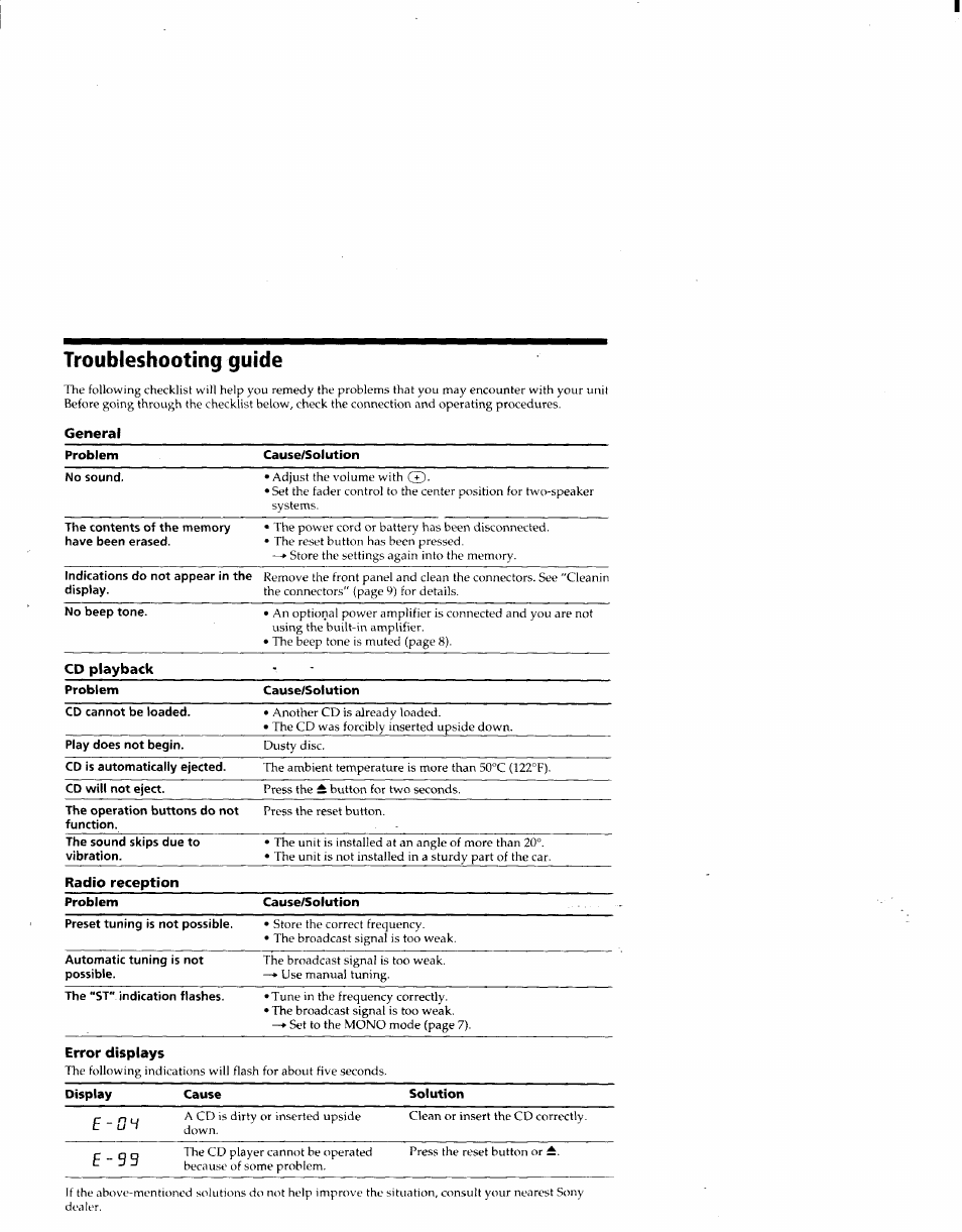 Troubleshooting guide, General | Sony CDX-4160 User Manual | Page 13 / 14
