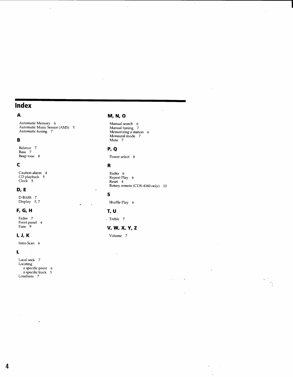 Index, P, q | Sony CDX-4160 User Manual | Page 14 / 14