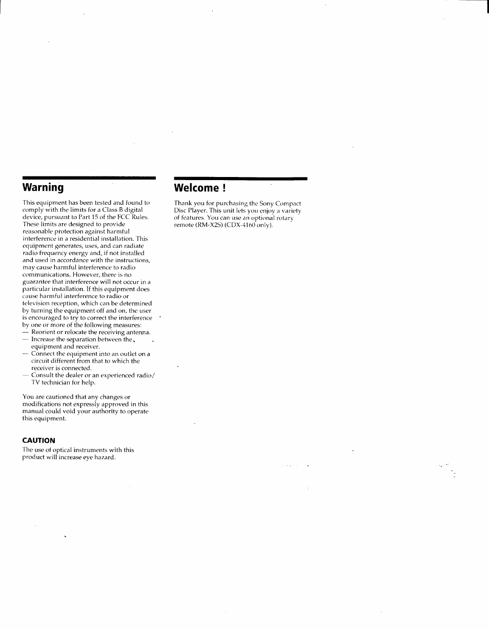 Caution, Warning, Welcome | Sony CDX-4160 User Manual | Page 2 / 14