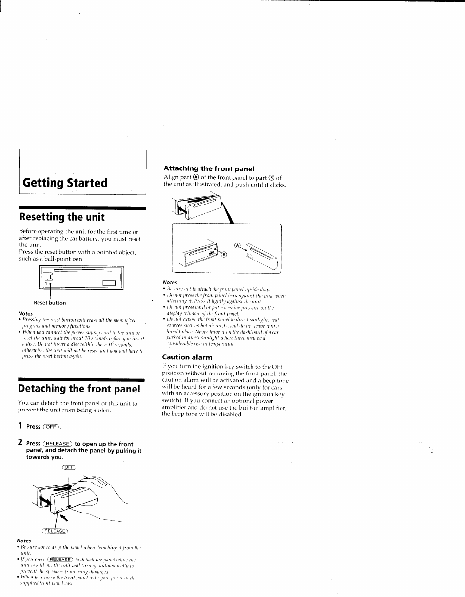 Resetting the unit, Detaching the front panel, 1 press (off) | Attaching the front panel, Caution alarm, Getting started | Sony CDX-4160 User Manual | Page 4 / 14